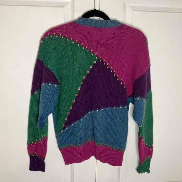 1990 Susan Bristol Cardigan Womens S Wool Knit Patchwork Vintage Flawed - Picture 9 of 11